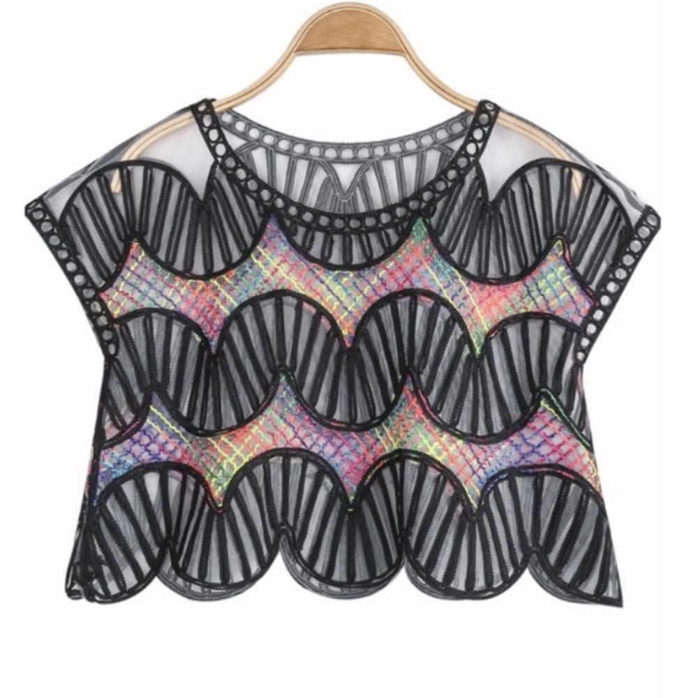 NWOT Black Neon Mesh Scallop Crop Top